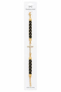40031 Gold Rhinestone Cross & Black Braided Cord Bracelet CNB