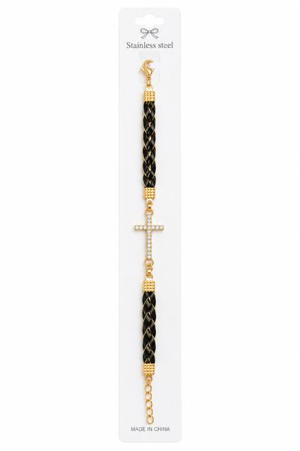 40031 Gold Rhinestone Cross & Black Braided Cord Bracelet CNB