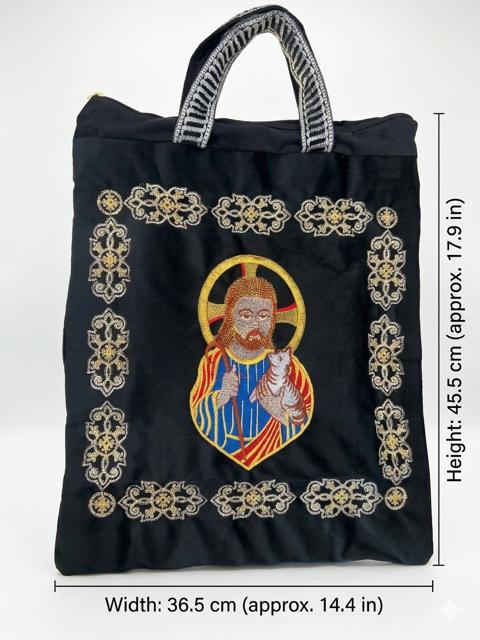 Embroidered "Jesus the Good Shepherd" Black Velvet Tote Bag DCN