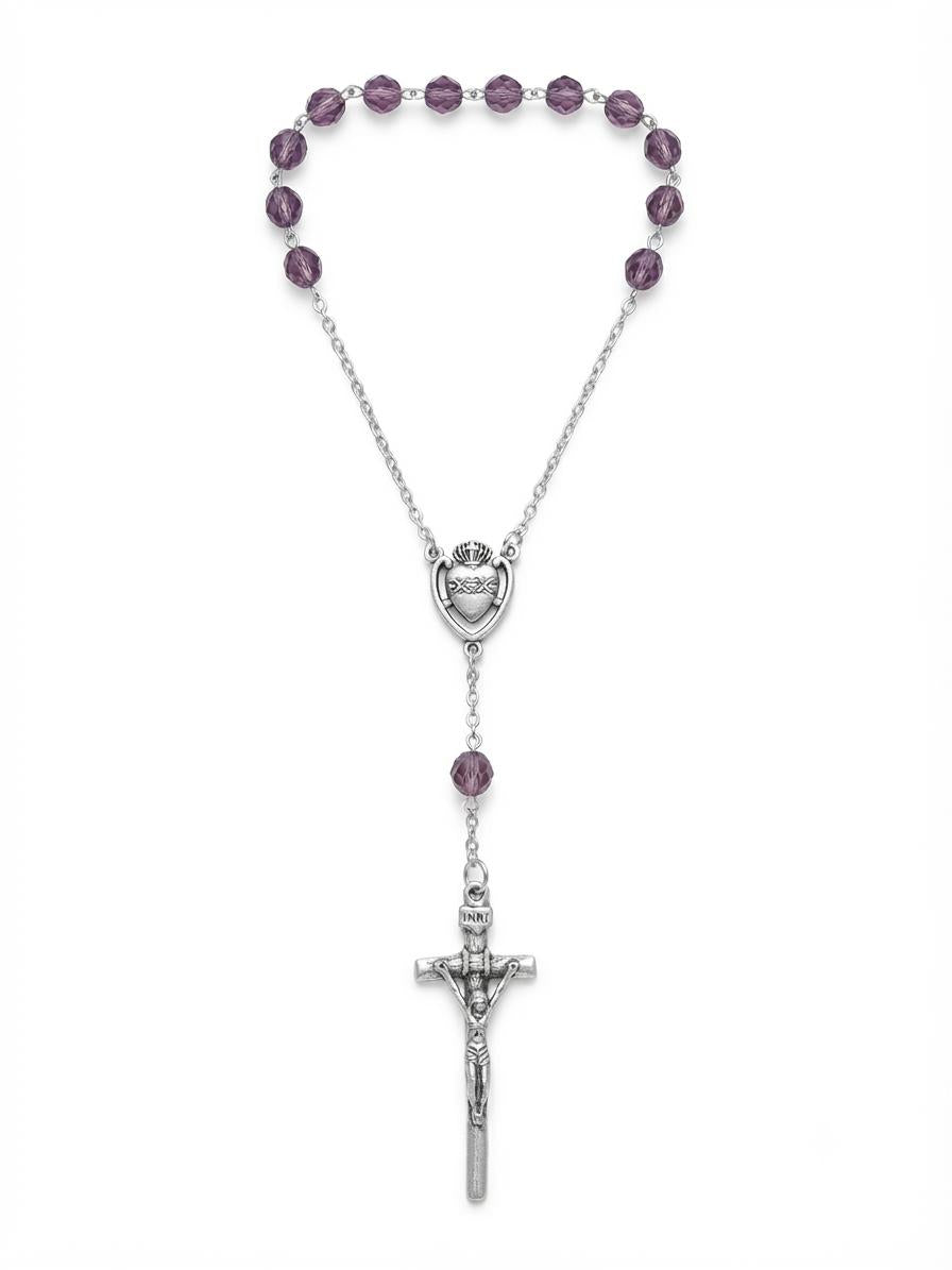 Amethyst Crystal Beaded Auto Rosary – Sacred Heart Centerpiece RES