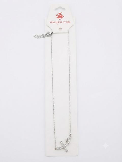 40006 Silver Stainless Steel Curved Crystal & Charm Station Necklace CNB