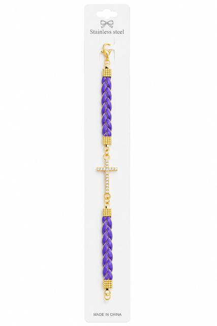 40033 Gold Rhinestone Cross Braided Cord Bracelet CNB