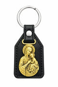 40054 Gold Virgin Mary & Baby Jesus Leather Fob Keychain
