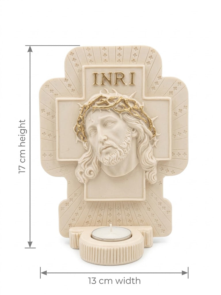30048 Sacred Face of Jesus Cross Relief Plaque with Candle Holder (17 cm x 13 cm)
