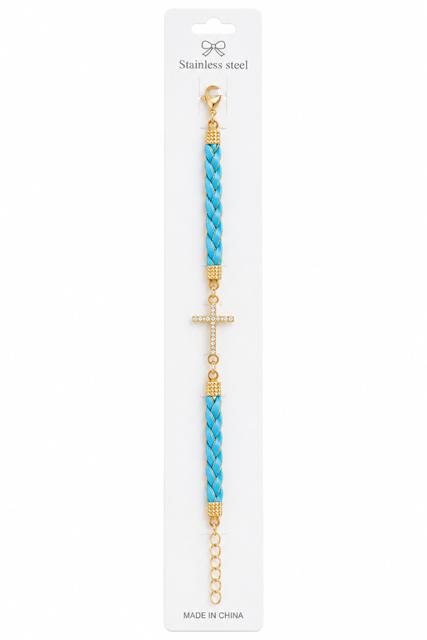 40030 Gold Rhinestone Cross Turquoise Braided Cord Bracelet CNB