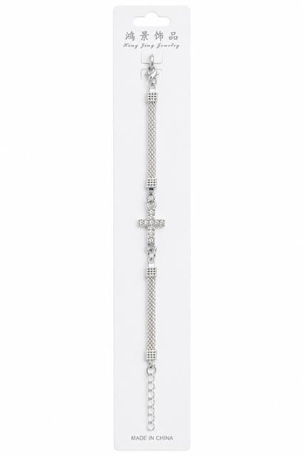 40049 Silver Rhinestone Cross Mesh Chain Bracelet CNB