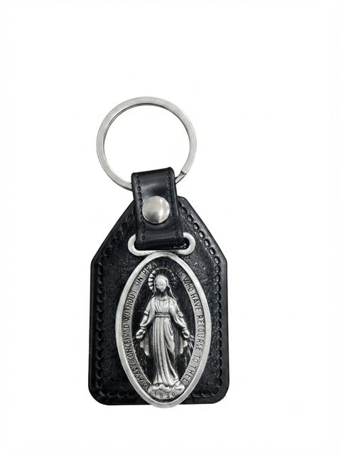 40045 Miraculous Medal Silver Relief Faux Leather Keychain – Oval Marian Charm