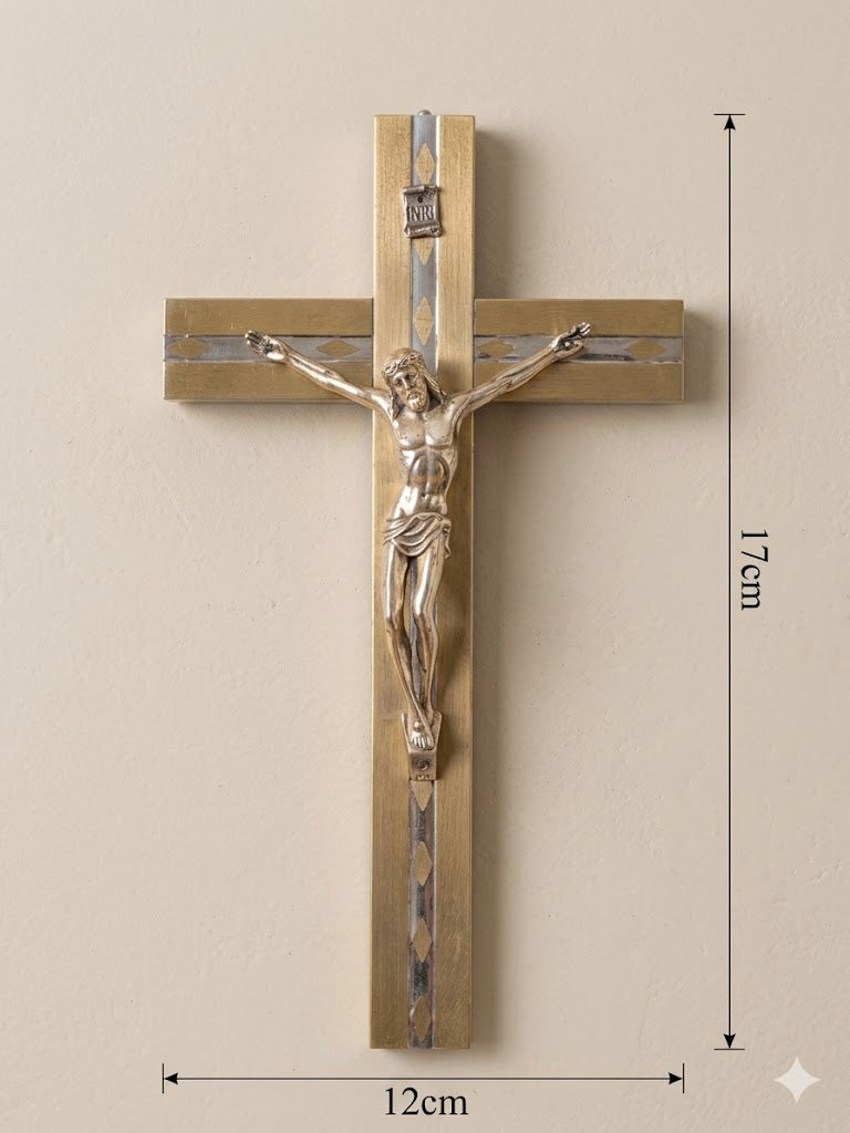 Two-Tone Gold and Silver Metal Wall Crucifix - Ornate Jesus Christ Cross CRS