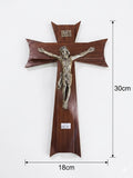 Unique Flared Wooden Wall Crucifix with Pewter Tone Metal Jesus Figure CRS