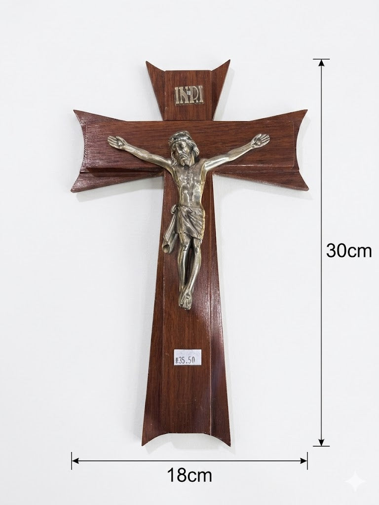 Unique Flared Wooden Wall Crucifix with Pewter Tone Metal Jesus Figure CRS