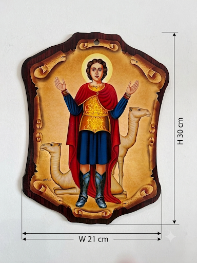 Saint Menas (Mar Mina) Coptic Icon Wooden Wall Plaque ICN